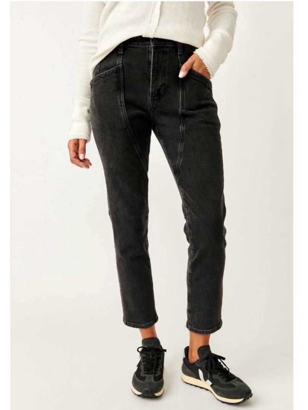 We The Free Beacon Mid Rise Slim Crop Washed Black Jeans Utility Pockets Moto
